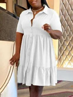 Women‘s Plus Size Curve Shirt Dress Solid Color Shirt Collar Ruffle Half Sleeve Spring Summer Casual Knee Length Dress Daily Holiday Dress -HAYz Clothing Shop paqtwz1656491040632