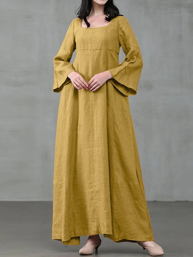Women's Casual Dress Cotton Linen Dress Cotton Dress Maxi Long Dress Cotton Daily Stylish Outdoor Daily Vacation Square Neck Ruched Long Sleeve Spring Fall Winter 2023 Regular Fit Black Yellow Pink 4 Women's Casual Dress Cotton Linen Dress Cotton Dress Maxi Long Dress Cotton Daily Stylish Outdoor Daily Vacation Square Neck Ruched Long Sleeve Spring Fall Winter 2023 Regular Fit Black Yellow Pink - Image 4