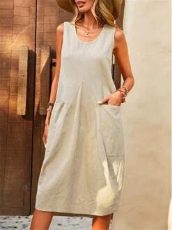 Women's Casual Dress Cotton Linen Dress Tank Dress Midi Dress Cotton Blend Basic Classic Outdoor Daily U Neck Pocket Sleeveless Summer Spring 2023 Loose Fit Navy Blue Blue Brown Plain S M L XL 2XL -HAYz Clothing Shop payolt1689916783018