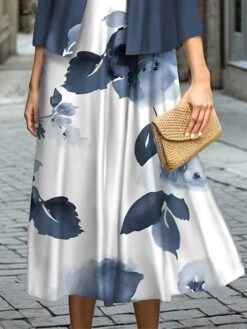 Women's Two Piece Dress Set Casual Dress Swing Dress Outdoor Office Fashion Streetwear Print Midi Dress Crew Neck 3/4 Length Sleeve Leaf Floral Regular Fit Blue Fall Winter S M L XL XXL -HAYz Clothing Shop pbbiux1697187279503