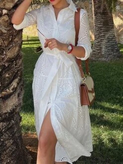 Women's Shirt Dress Casual Dress Midi Dress Outdoor Daily Vacation Cotton Fashion Modern Shirt Collar Lace Up Button Long Sleeve Fall Winter 2023 Regular Fit White Pure Color XS S M L