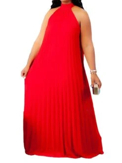 Women's Plus Size Curve Shift Dress Solid Color Halter Neck Ruched Sleeveless Spring Summer Basic Maxi Long Dress Casual Daily Dress -HAYz Clothing Shop pbklzo1654676762106