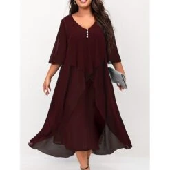 Women‘s Plus Size Curve Work Dress Holiday Dress Swing Dress Classic Holiday Date Vacation Midi Dress Ruched Mesh V Neck Half Sleeve Solid Color Plain Regular Fit Wine Dark Blue Fall Winter -HAYz Clothing Shop pbkswd1665626690051