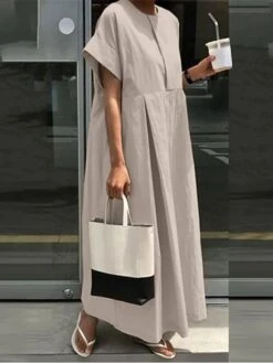 Women's Casual Dress Cotton Linen Dress Maxi Long Dress Linen / Cotton Blend Basic Classic Outdoor Daily Vacation Crew Neck Ruched Short Sleeve Summer Spring Fall 2023 Loose Fit ArmyGreen Navy Blue -HAYz Clothing Shop pbmgtw1692084370573