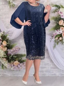 Women's Plus Size Curve Party Dress Semi Formal Dress Floral Midi Dress Half Sleeve Lace Embroidered Crew Neck Elegant Party Deep Blue Fall Winter L XL XXL 3XL 4XL -HAYz Clothing Shop pbyhhd1694687257075