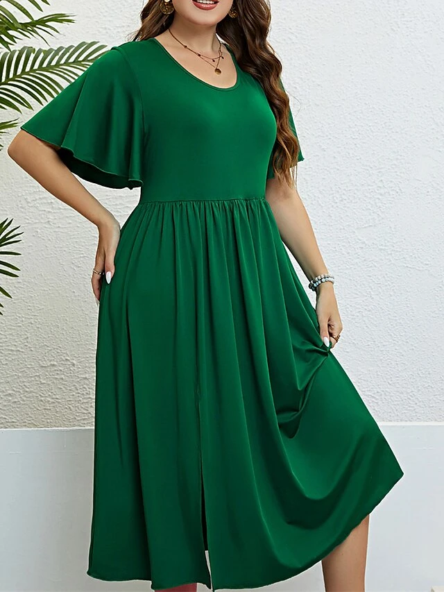 Women‘s Plus Size Curve Party Dress Cocktail Dress Wedding Guest Dress Midi Dress Green Short Sleeve Pure Color Split Summer Spring Fall Crew Neck Fashion Birthday Wedding Guest Vacation 2023 2 Women‘s Plus Size Curve Party Dress Cocktail Dress Wedding Guest Dress Midi Dress Green Short Sleeve Pure Color Split Summer Spring Fall Crew Neck Fashion Birthday Wedding Guest Vacation 2023 - Image 2