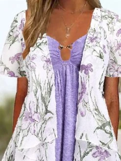 Women's Two Piece Dress Set Casual Dress Tiered Dress Daily Holiday Fashion Modern Pocket Print Midi Dress V Neck Short Sleeve Floral Regular Fit Purple Summer Spring S M L XL XXL -HAYz Clothing Shop pcfelp1684832998613