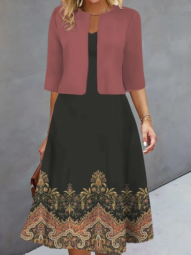 Women's Two Piece Dress Set Casual Dress Print Dress Outdoor Daily Fashion Elegant Print Midi Dress V Neck Half Sleeve Floral Regular Fit Black Navy Blue Blue Fall Winter S M L XL XXL 2 Women's Two Piece Dress Set Casual Dress Print Dress Outdoor Daily Fashion Elegant Print Midi Dress V Neck Half Sleeve Floral Regular Fit Black Navy Blue Blue Fall Winter S M L XL XXL - Image 2