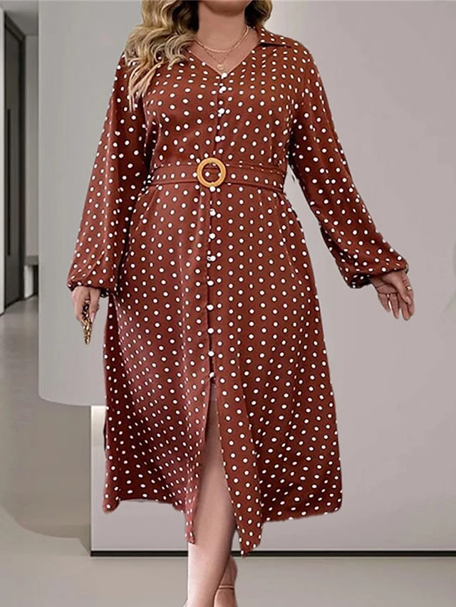 Women's Plus Size Curve Casual Dress Winter Dress Sheath Dress Polka Dot Midi Dress Long Sleeve Lace Up Ruched V Neck Fashion Outdoor Brown Fall Winter L XL XXL 3XL 4XL 3 Women's Plus Size Curve Casual Dress Winter Dress Sheath Dress Polka Dot Midi Dress Long Sleeve Lace Up Ruched V Neck Fashion Outdoor Brown Fall Winter L XL XXL 3XL 4XL - Image 3