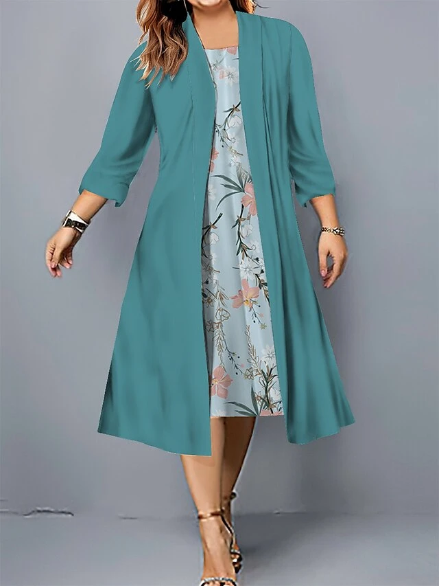 Women's Plus Size Curve Casual Dress Dress Set Two Piece Dress Floral Midi Dress 3/4 Length Sleeve Print Crew Neck Fashion Outdoor Pink Wine Fall Winter L XL XXL 3XL 4XL 2 Women's Plus Size Curve Casual Dress Dress Set Two Piece Dress Floral Midi Dress 3/4 Length Sleeve Print Crew Neck Fashion Outdoor Pink Wine Fall Winter L XL XXL 3XL 4XL - Image 2