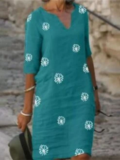 Women's Casual Dress Cotton Linen Dress Shift Dress Midi Dress Polyester Fashion Modern Outdoor Daily Vacation V Neck Print 3/4 Length Sleeve Summer Spring 2023 Loose Fit Yellow Red Green Flower S M -HAYz Clothing Shop pcuekj1683796782895