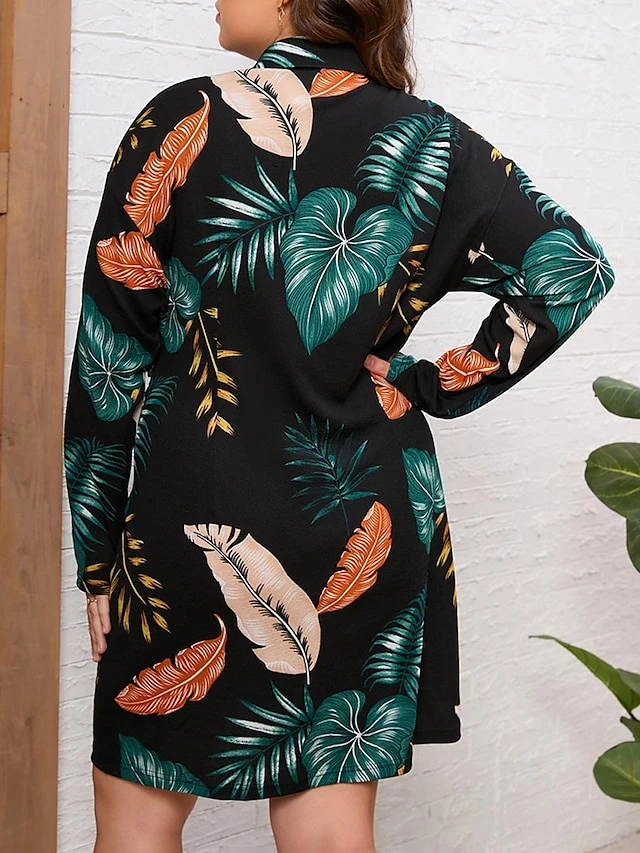 Women's Plus Size Shirt Dress Casual Dress Midi Dress Outdoor Daily Vacation Polyester Fashion Casual Shirt Collar Lace Up Button Long Sleeve Fall Winter 2023 Regular Fit Black Leaf L XL 2XL 3XL 4XL 2 Women's Plus Size Shirt Dress Casual Dress Midi Dress Outdoor Daily Vacation Polyester Fashion Casual Shirt Collar Lace Up Button Long Sleeve Fall Winter 2023 Regular Fit Black Leaf L XL 2XL 3XL 4XL - Image 2