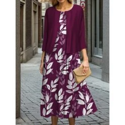 Women's Two Piece Dress Set Casual Dress Swing Dress Outdoor Office Fashion Streetwear Print Midi Dress Crew Neck 3/4 Length Sleeve Floral Regular Fit Wine Purple Fall Winter S M L XL XXL