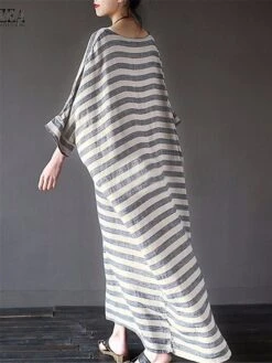 Women's Cotton Linen Dress Casual Dress Maxi Long Dress Linen Cotton Blend Casual Outdoor Daily Crew Neck Print Long Sleeve Summer Spring Fall 2023 Loose Fit Black Gray Striped S M L XL 2XL -HAYz Clothing Shop pdqbnz1672828236647