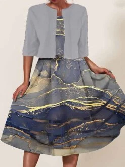 Women's Two Piece Dress Set Casual Dress Swing Dress Outdoor Daily Fashion Streetwear Mesh Patchwork Midi Dress Crew Neck Half Sleeve Ombre Marble Print Loose Fit Gray Summer Spring S M L XL XXL