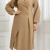 Women's Plus Size Curve Winter Dress Sheath Dress Plain Midi Dress Long Sleeve Ruched V Neck Fashion Outdoor Khaki Fall Winter XL XXL 3XL 4XL