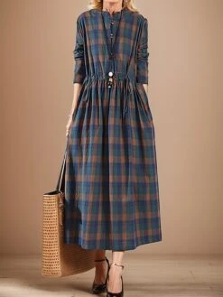 Women's Casual Dress Cotton Linen Dress Plaid Dress Midi Dress Linen / Cotton Blend Fashion Basic Outdoor Daily Holiday Stand Collar Pocket Print Long Sleeve Fall Winter Autumn 2023 Loose Fit Yellow