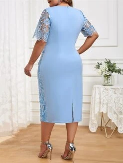 Women‘s Plus Size Curve Work Dress Lace Dress Sheath Dress Fashion Midi Dress Lace Patchwork Crew Neck Half Sleeve Plain Regular Fit Light Yellow Pink Light Blue Summer Spring L XL XXL 3XL 4XL -HAYz Clothing Shop pebnia1691041736633