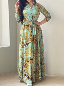 Women's Shirt Dress Casual Dress Swing Dress Maxi Long Dress Outdoor Daily Vacation Polyester Fashion Elegant Shirt Collar Lace Up Button Long Sleeve Spring Fall Winter 2023 Loose Fit ArmyGreen Red -HAYz Clothing Shop pecriv1695027669237