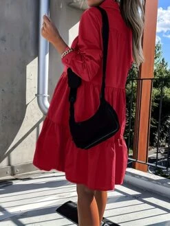 Women's Shirt Dress Casual Dress Swing Dress Midi Dress Outdoor Daily Vacation Cotton Basic Modern Shirt Collar Ruffle Button Long Sleeve Fall Winter 2023 Regular Fit ArmyGreen Black White Pure Color -HAYz Clothing Shop pedfoi1695813921747