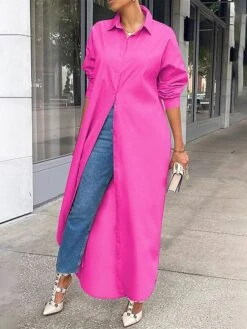 Women's Shirt Dress Casual Dress Midi Dress Outdoor Daily Vacation Polyester Fashion Modern Shirt Collar Split Long Sleeve Fall Winter 2023 Loose Fit Black White Yellow Plain S M L XL XXL -HAYz Clothing Shop pekxkq1692342891989