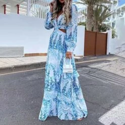 Women's Swing Dress Maxi Long Dress Light Purple Green Blue Yellow Long Sleeve Print Hollow Out Spring Summer V Neck Stylish Elegant Vacation 2023 S M L XL XXL -HAYz Clothing Shop peovfb1627464706507