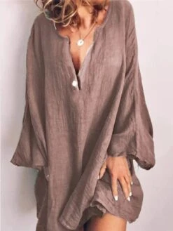 Women's Cotton Linen Dress Casual Dress Shift Dress Mini Dress Cotton Blend Fashion Modern Daily Vacation V Neck Button Long Sleeve Summer Spring 2023 Regular Fit Wine Blue Brown Pure Color S M L XL -HAYz Clothing Shop peqnfi1687848714695