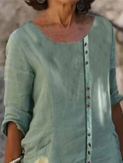 Women's Cotton Linen Dress Casual Dress Shift Dress Midi Dress Cotton Blend Fashion Casual Outdoor Daily Crew Neck Button Print Half Sleeve Summer Spring Fall 2023 Regular Fit Green Floral S M L XL -HAYz Clothing Shop perrnm1681380595640