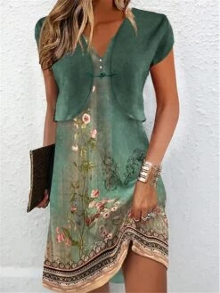 Women's Two Piece Dress Set Casual Dress Tank Dress Outdoor Daily Active Fashion Button Print Midi Dress V Neck Short Sleeve Floral Regular Fit Green Summer Spring S M L XL XXL
