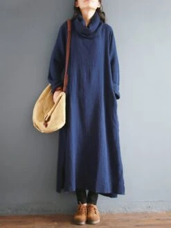 Women's Casual Dress Cotton Linen Dress Cotton Dress Maxi Long Dress Cotton Daily Stylish Outdoor Daily Vacation Turtleneck Split Long Sleeve Spring Fall Winter 2023 Loose Fit White Yellow Wine Plain -HAYz Clothing Shop pflldd1695014692276
