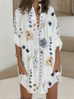 Women's Shirt Dress Casual Dress Cotton Linen Dress Mini Dress Satin Fashion Modern Outdoor Daily Vacation Stand Collar Button Pocket Half Sleeve Summer Spring Fall 2023 Loose Fit White Pink Blue