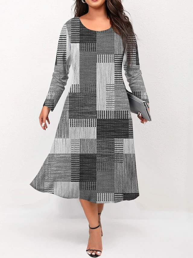 Women's Plus Size Curve Casual Dress Skater Dress A Line Dress Geometric Plaid Midi Dress Long Sleeve Print Crew Neck Fashion Outdoor Yellow Orange Fall Winter L XL XXL 3XL 4XL 2 Women's Plus Size Curve Casual Dress Skater Dress A Line Dress Geometric Plaid Midi Dress Long Sleeve Print Crew Neck Fashion Outdoor Yellow Orange Fall Winter L XL XXL 3XL 4XL - Image 2