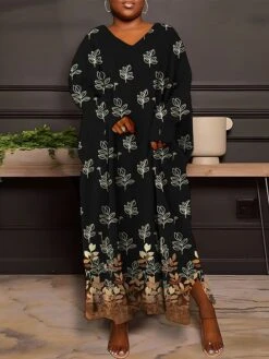 Women's Plus Size Curve Casual Dress Sweatshirt Dress Winter Dress Floral Gradient Long Dress Maxi Dress Long Sleeve Split Print V Neck Fashion Outdoor Black White Fall Winter L XL XXL 3XL 4XL -HAYz Clothing Shop pfqpcr1693387362196