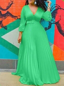 Women‘s Plus Size Curve Party Dress Swing Dress A Line Dress Solid Color Long Dress Maxi Dress Long Sleeve Pleated V Neck Elegant Party Black Yellow Fall Spring L XL XXL 3XL 4XL -HAYz Clothing Shop pfuwlg1675151840325