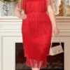 Women's Plus Size Curve Party Dress Fringe Dress Pure Color V Neck Tassel Fringe Sleeveless Spring Fall Fashion Elegant Formal Midi Dress Party Evening Party Dress