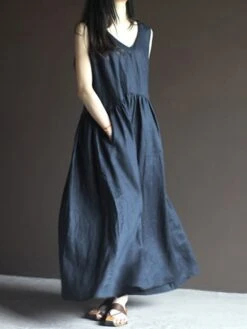 Women's Casual Dress Cotton Linen Dress Swing Dress Maxi Long Dress Cotton Blend Basic Casual Outdoor Vacation V Neck Pocket Sleeveless Summer Spring 2023 Regular Fit Navy Blue Apricot Pure Color M L