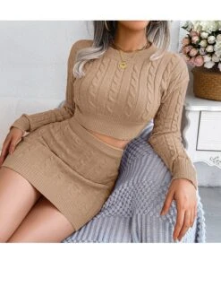 Women's Two Piece Dress Set Casual Dress Sweater Dress Daily Holiday Fashion Streetwear Ribbed Mini Dress Crew Neck Long Sleeve Plain Slim White Pink Khaki Fall Winter S M L -HAYz Clothing Shop pgkbut1695030772410