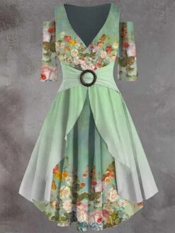 Women‘s Plus Size Curve Casual Dress A Line Dress Vintage Dress Floral Long Dress Maxi Dress Summer Dress Spring Half Sleeve Ruffle Print V Neck Elegant Outdoor Green Fashion 2023 -HAYz Clothing Shop pgkhex1681974599659