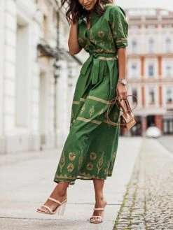 Women's Casual Dress Cotton Linen Dress White Dress Midi Dress Polyester Fashion Gothic Outdoor Daily Vacation Stand Collar Print Half Sleeve Summer Spring Fall 2023 Loose Fit Black Green Apricot -HAYz Clothing Shop pgnuik1690369991900