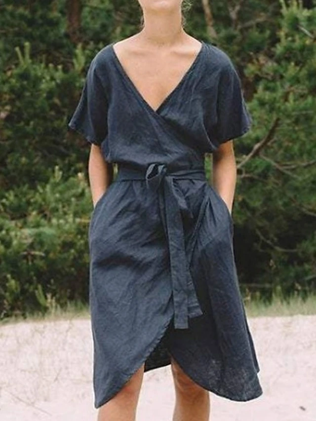 Women's Casual Dress Cotton Linen Dress Wrap Dress Midi Dress Linen / Cotton Blend Fashion Classic Style Outdoor Daily Holiday V Neck Lace Up Pocket Short Sleeve Fall Winter Autumn 2023 Loose Fit 1 Women's Casual Dress Cotton Linen Dress Wrap Dress Midi Dress Linen / Cotton Blend Fashion Classic Style Outdoor Daily Holiday V Neck Lace Up Pocket Short Sleeve Fall Winter Autumn 2023 Loose Fit