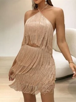 Women's Two Piece Dress Set Party Dress Skirt Set Party Holiday Fashion Party Tassel Fringe Backless Mini Dress Halter Neck Sleeveless Plain Slim Khaki Spring Fall S M L -HAYz Clothing Shop pgqznq1692945867090