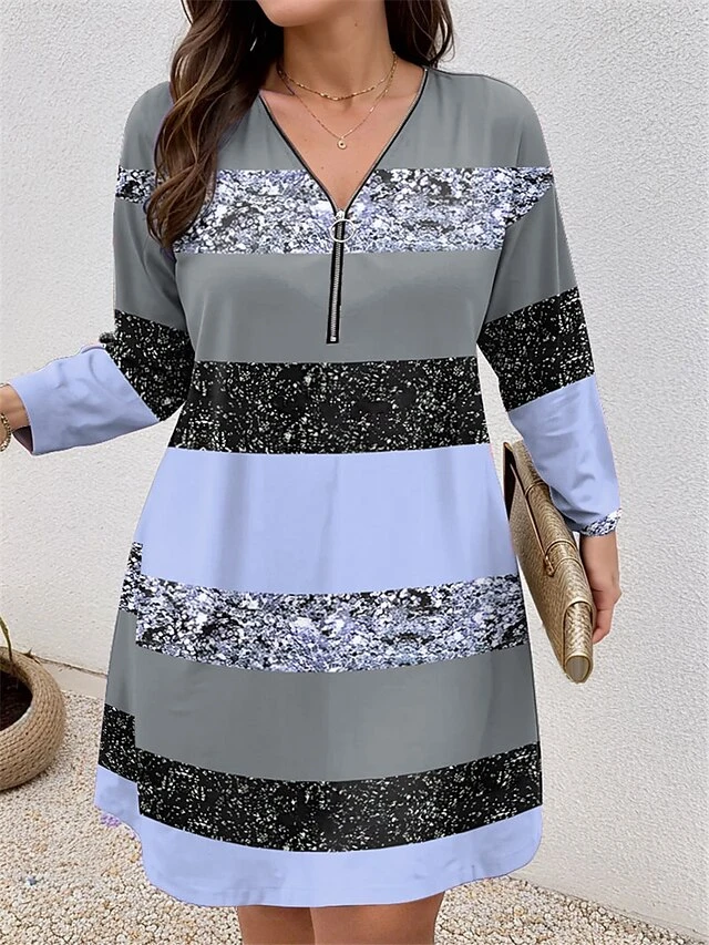 Women's Plus Size Curve Casual Dress Winter Dress Stripe Mini Dress Long Sleeve Print V Neck Fashion Outdoor Pink Blue Fall Winter L XL 2XL 3XL 4XL 3 Women's Plus Size Curve Casual Dress Winter Dress Stripe Mini Dress Long Sleeve Print V Neck Fashion Outdoor Pink Blue Fall Winter L XL 2XL 3XL 4XL - Image 3