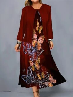 Women's Plus Size Curve Casual Dress Dress Set Two Piece Dress Butterfly Midi Dress Long Sleeve Print Crew Neck Fashion Outdoor Red Blue Fall Winter L XL XXL 3XL 4XL 5 Women's Plus Size Curve Casual Dress Dress Set Two Piece Dress Butterfly Midi Dress Long Sleeve Print Crew Neck Fashion Outdoor Red Blue Fall Winter L XL XXL 3XL 4XL -HAYz Clothing Shop pgzcuw1696817660018