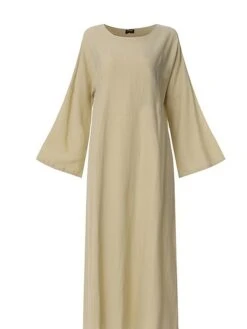 Women's Casual Dress Cotton Linen Dress White Dress Maxi Long Dress Cotton Blend Basic Casual Outdoor Daily Crew Neck Split Long Sleeve Spring Fall Autumn 2023 Loose Fit White Khaki Pure Color S M L -HAYz Clothing Shop pgzdgp1685437840600