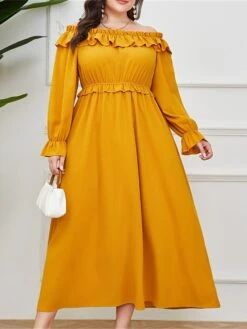 Women's Plus Size Prom Dress Party Dress Wedding Guest Dress Long Dress Maxi Dress Yellow Long Sleeve Pure Color Ruffle Fall Winter Autumn Off Shoulder Fashion Winter Dress Evening Party Wedding Guest -HAYz Clothing Shop phdstd1693535307895