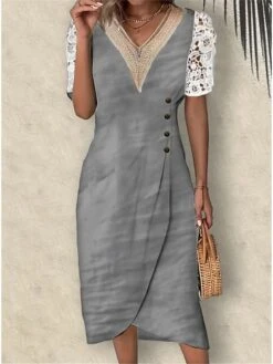 Women's Casual Dress Cotton Linen Dress Shift Dress Maxi Long Dress Cotton Blend Fashion Modern Outdoor Office Daily V Neck Lace Patchwork Short Sleeve Summer Spring 2023 Loose Fit Black White Dark -HAYz Clothing Shop phqrhn1684985807537