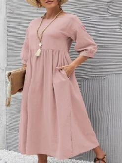 Women's Casual Dress Cotton Linen Dress Swing Dress Midi Dress White Pink Brown Half Sleeve Pure Color Ruched Fall Winter Autumn Crew Neck Casual Loose Fit 2023 S M L XL XXL -HAYz Clothing Shop phxtfq1651741072954