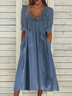 Women's Casual Dress Cotton Linen Dress Swing Dress Midi Dress Cotton Blend Fashion Basic Outdoor Daily Vacation Split Neck Button Pocket Short Sleeve Summer Spring 2023 Regular Fit Blue Plain S M L