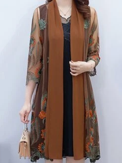 Women's Plus Size Curve Two Piece Dress Set Casual Dress Tank Dress Outdoor Daily Fashion Modern Embroidered Midi Dress Crew Neck Half Sleeve Floral Black Red Coffee Spring Fall XL XXL 3XL 4XL 5XL -HAYz Clothing Shop pifrpn1692242458609