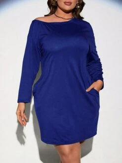 Women's Plus Size Curve Casual Dress Winter Dress Knit Dress Solid Color Mini Dress Long Sleeve Pocket Crew Neck Fashion Outdoor Blue Fall Winter XL XXL 3XL